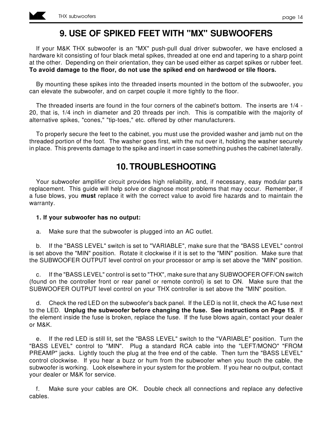 MK Sound MX-SERIES, MX-150THX, V-125THX operation manual USE of Spiked Feet with MX Subwoofers, Troubleshooting 