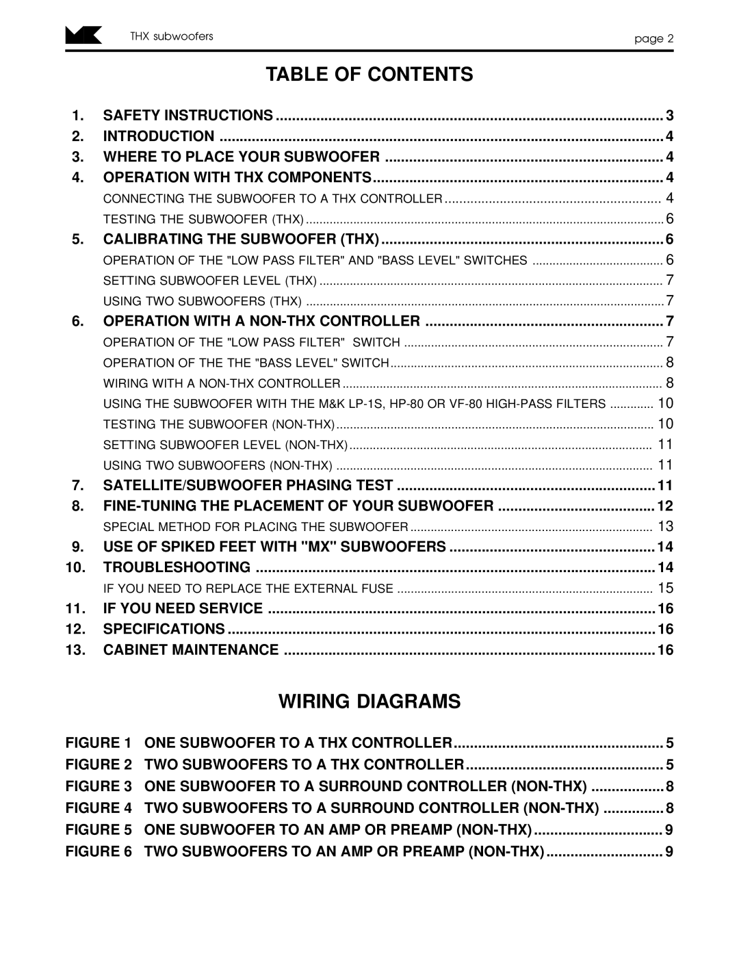 MK Sound MX-SERIES, MX-150THX, V-125THX operation manual Table of Contents, Wiring Diagrams 