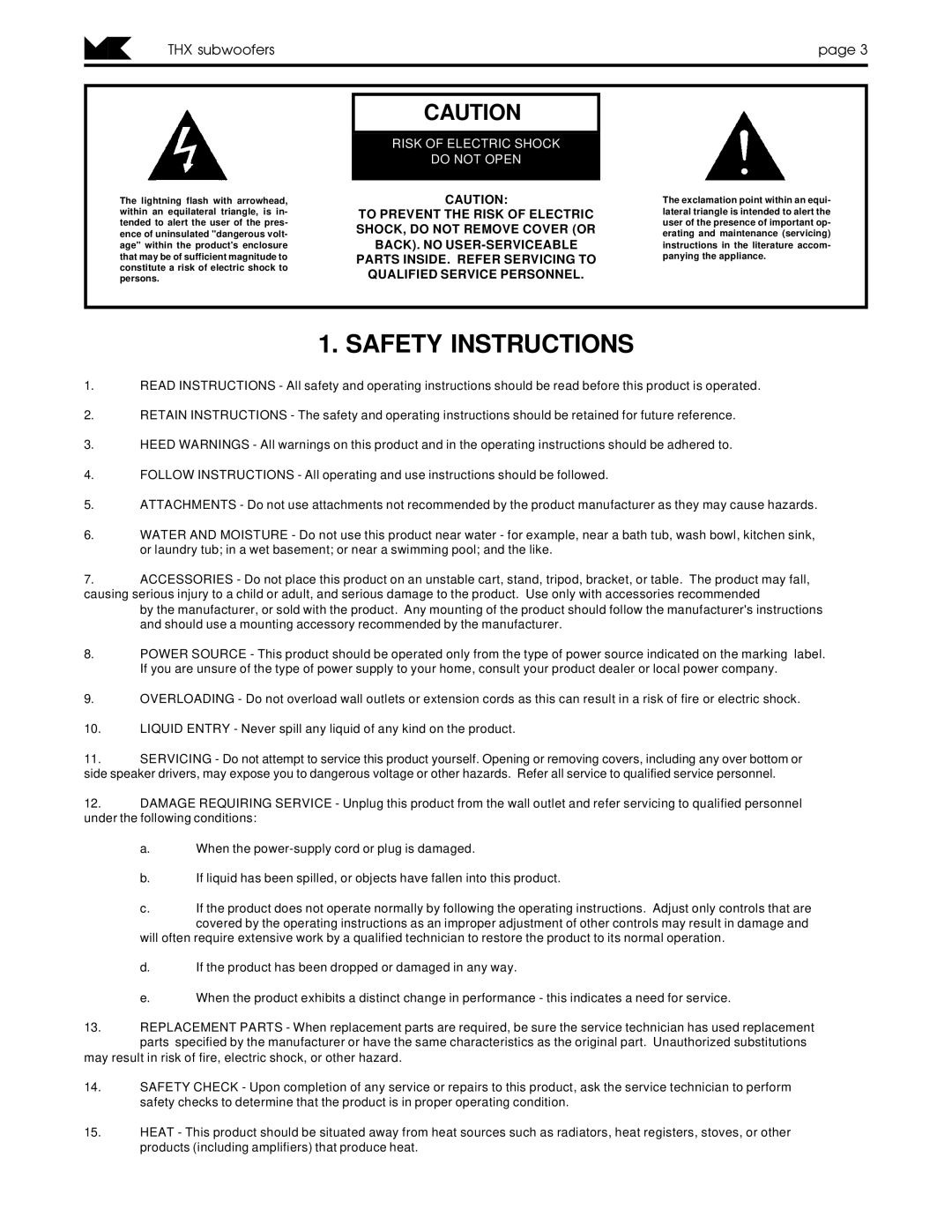 MK Sound MX-150THX, V-125THX, MX-SERIES operation manual Safety Instructions, THX subwooferspage 