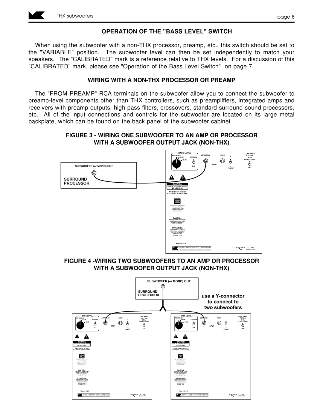 MK Sound MX-SERIES, V-125THX operation manual Operation of the Bass Level Switch, Wiring with a NON-THX Processor or Preamp 