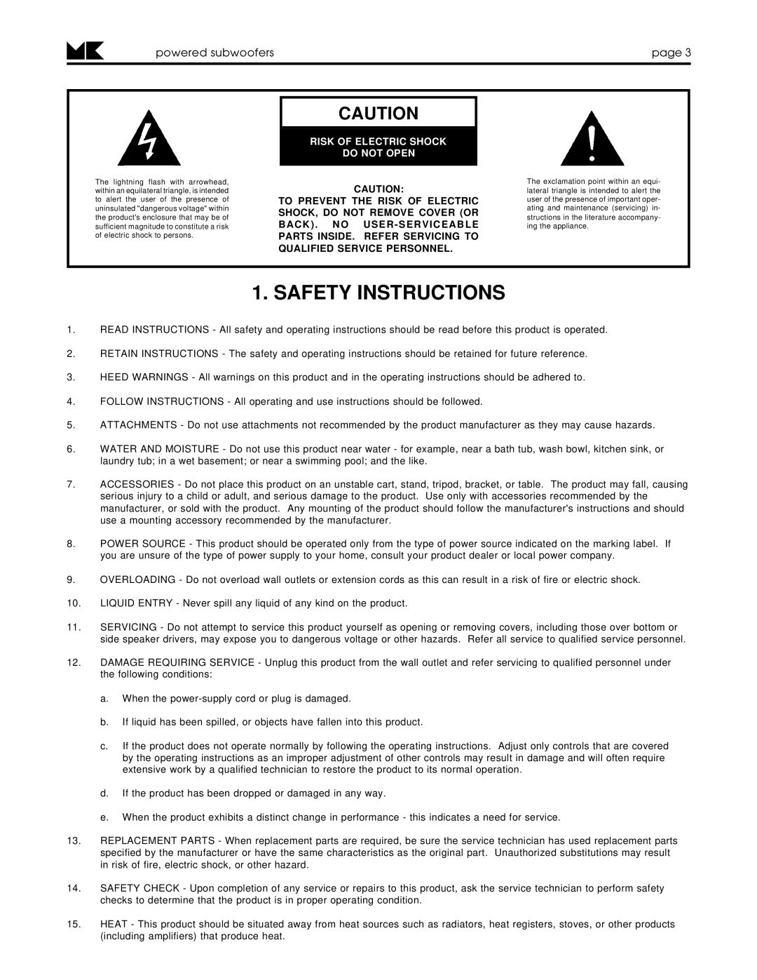 MK Sound VX-7 MK II, V-75 MK II, V-125, MX-125 MK II operation manual Safety Instructions, Powered subwooferspage 