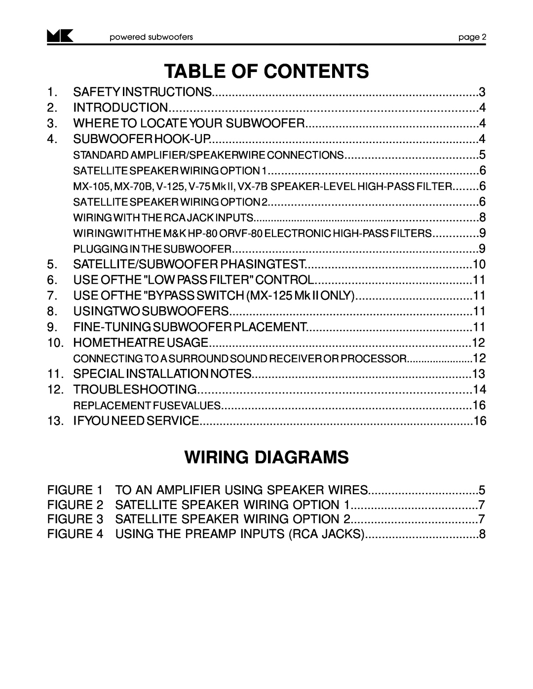 MK Sound MX-125 MK II, V-75 MK II, V-125, VX-7 MK II operation manual Table Of Contents, Wiring Diagrams 