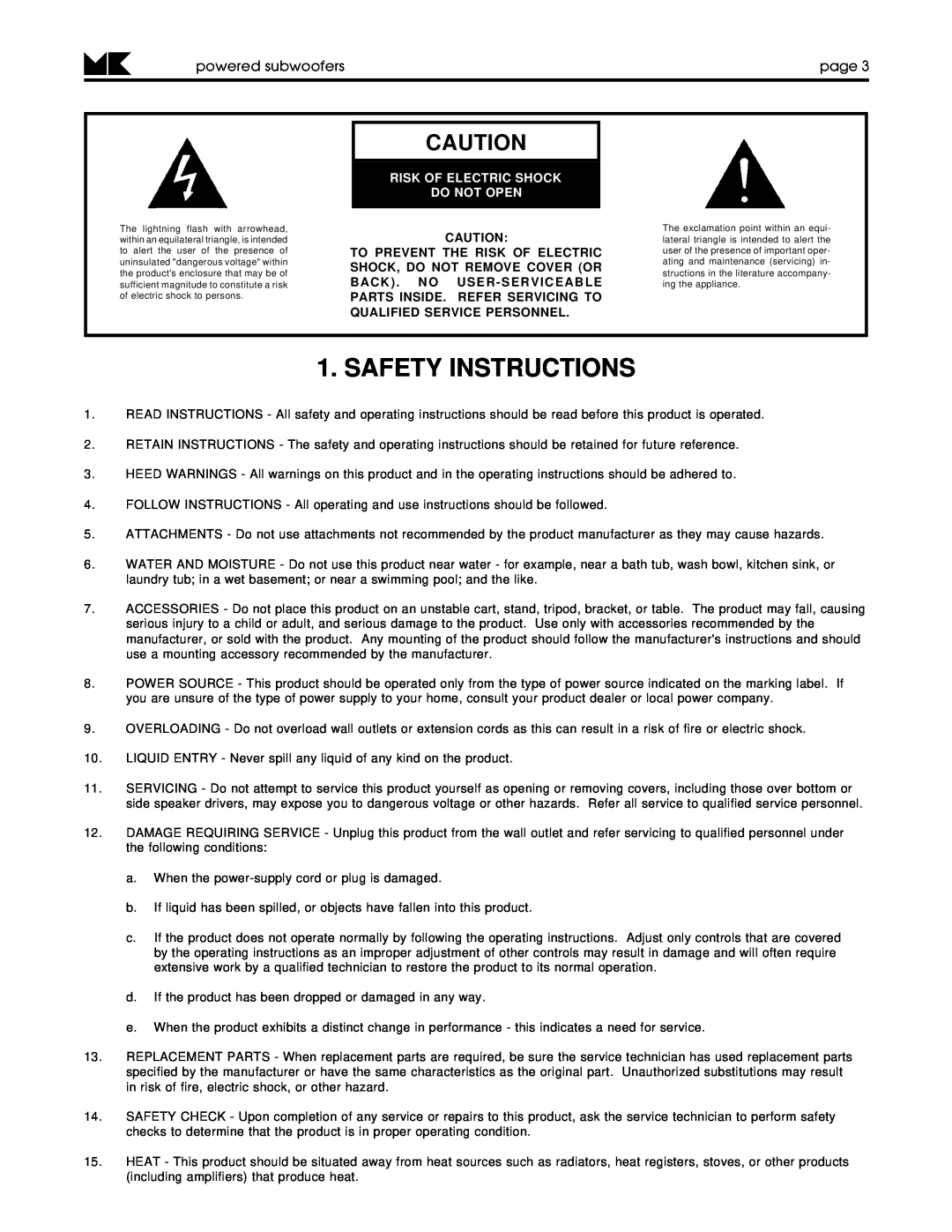 MK Sound VX-7 MK II, V-75 MK II, V-125 Safety Instructions, powered subwooferspage, Risk Of Electric Shock Do Not Open 