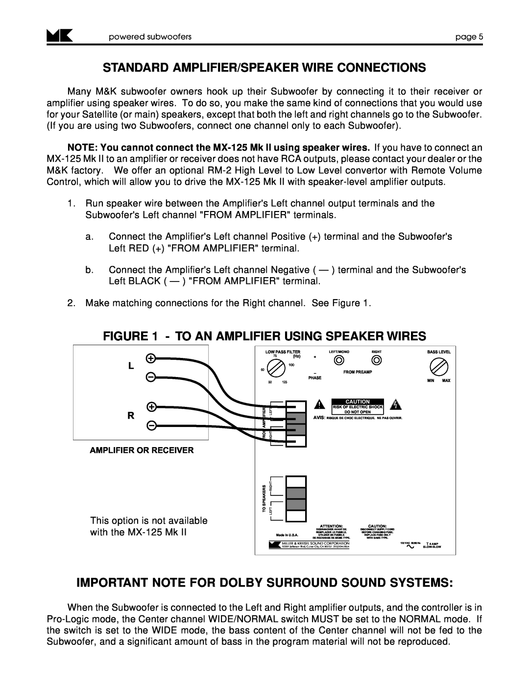 MK Sound V-125, V-75 MK II, MX-125 MK II Standard Amplifier/Speaker Wire Connections, To An Amplifier Using Speaker Wires 