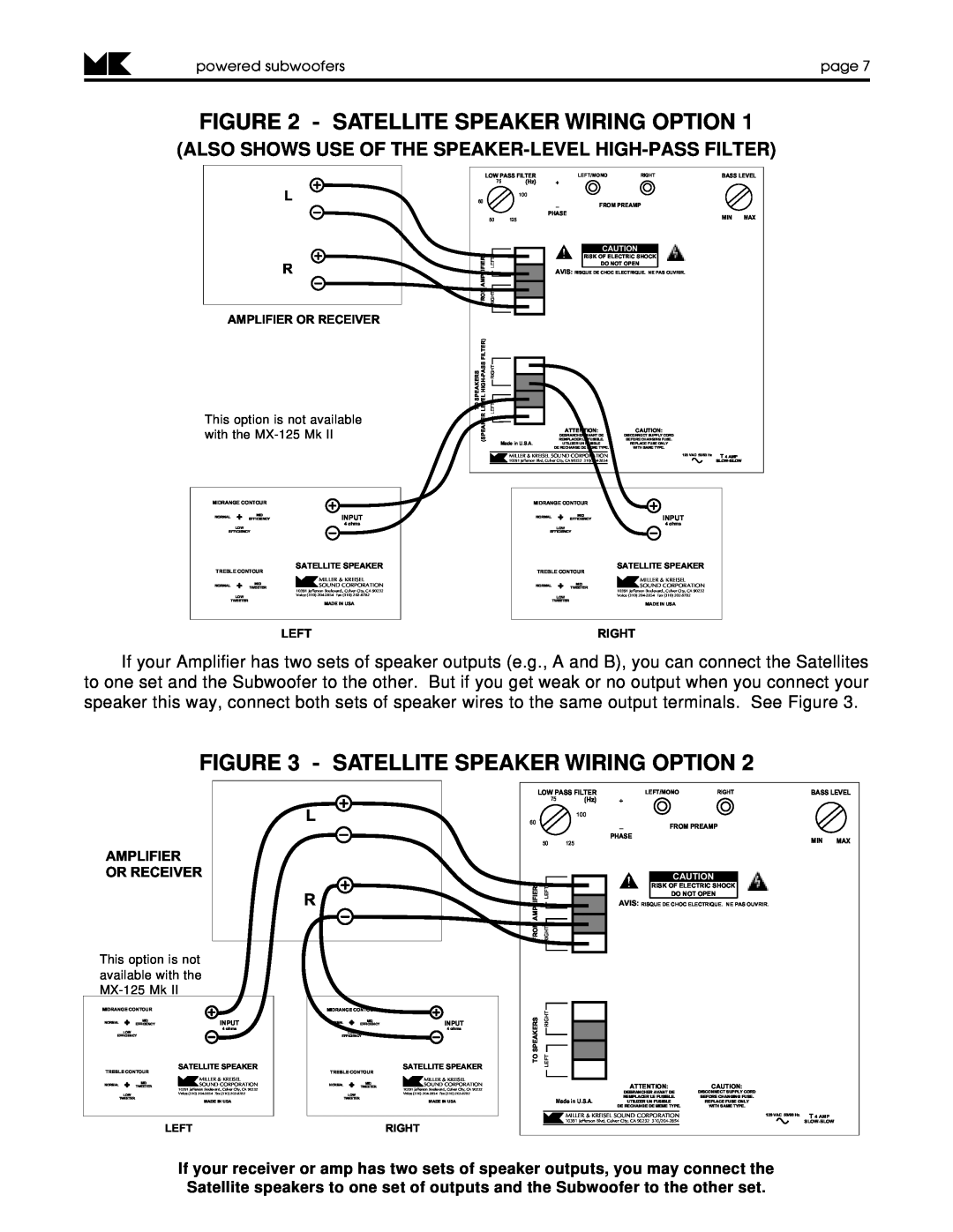 MK Sound VX-7 MK II, V-125 Satellite Speaker Wiring Option, powered subwoofers, page, Amplifier Or Receiver, Left, Right 