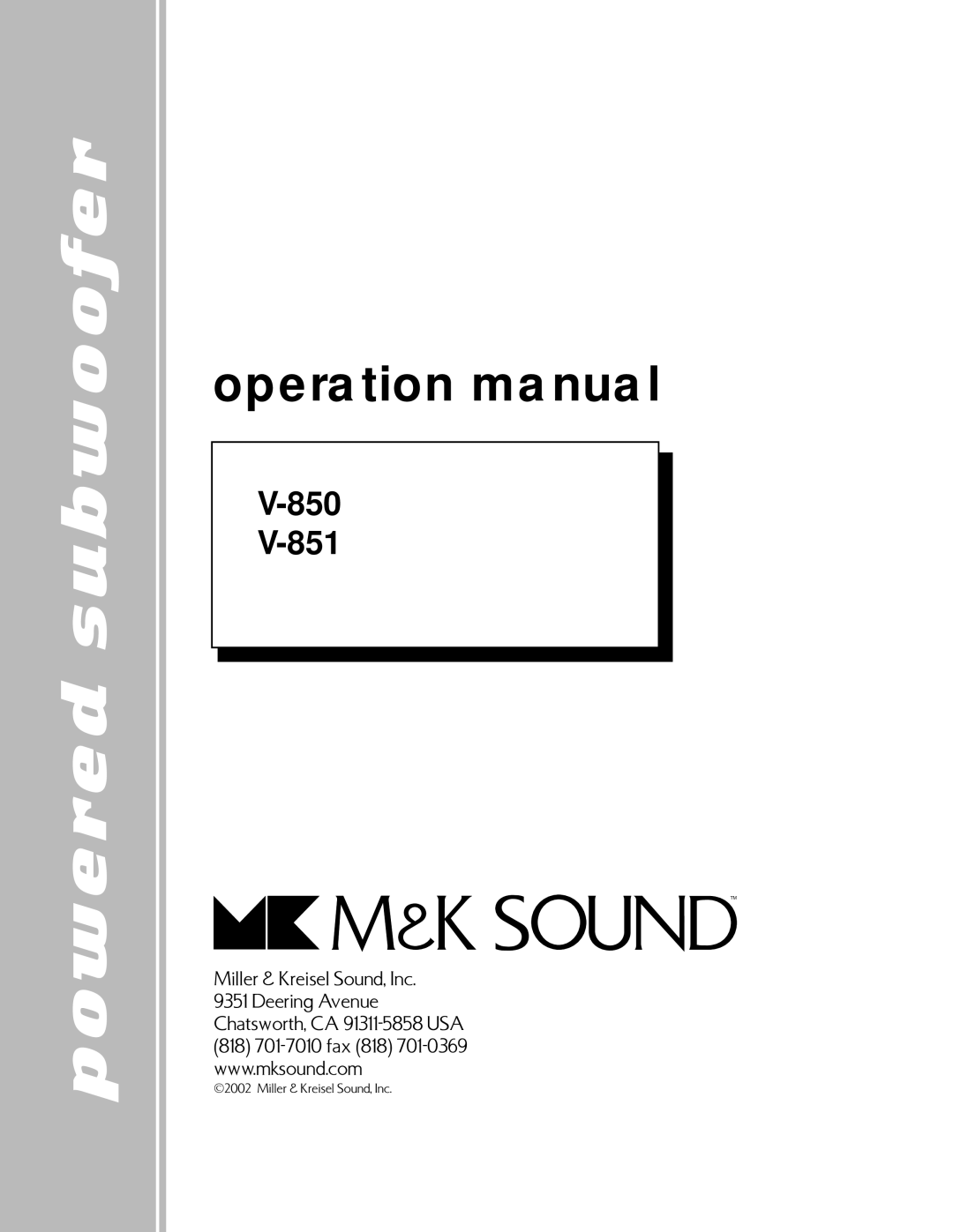 MK Sound V-851, V-850 operation manual Powered subwoofer 