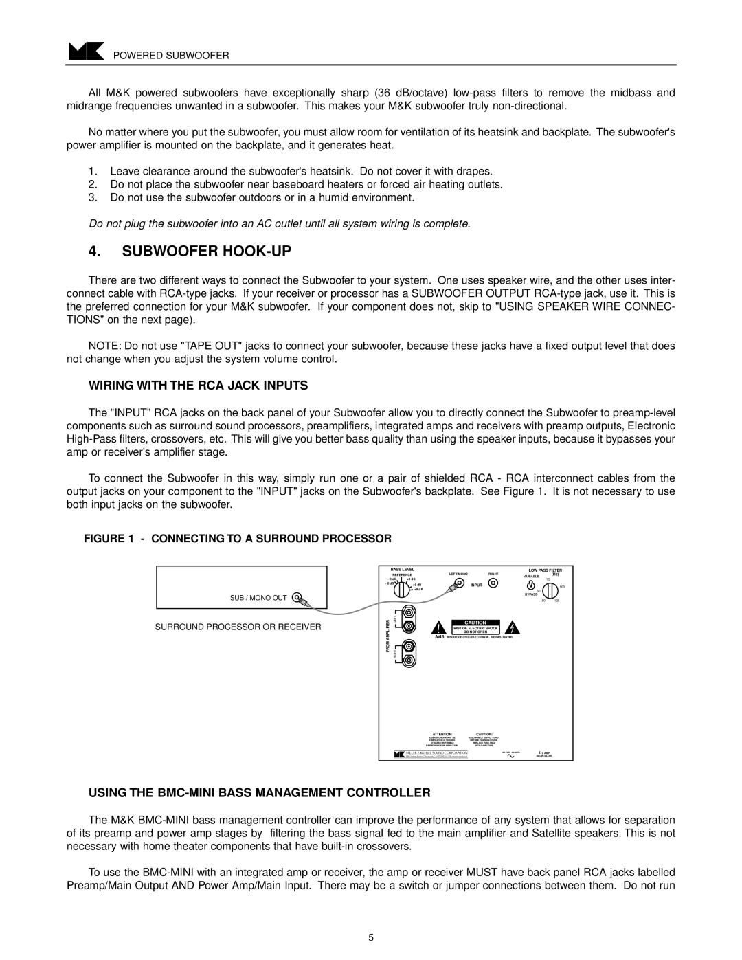 MK Sound V-851, V-850 operation manual Wiring with the RCA Jack Inputs, Using the BMC-MINI Bass Management Controller 