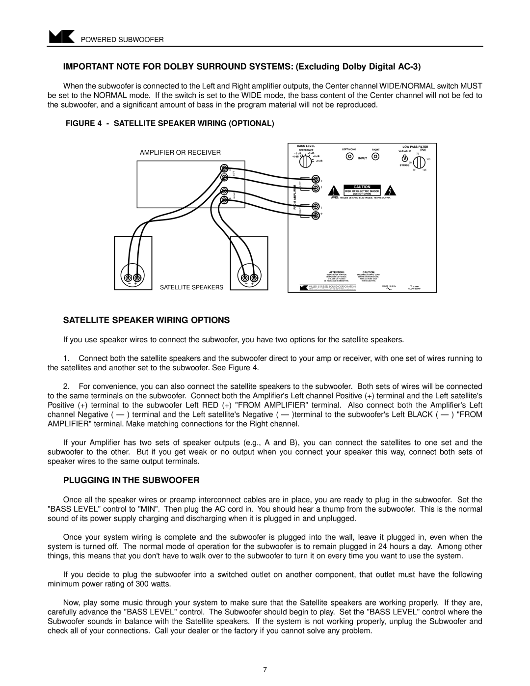 MK Sound V-851, V-850 operation manual Satellite Speaker Wiring Options, Plugging in the Subwoofer 