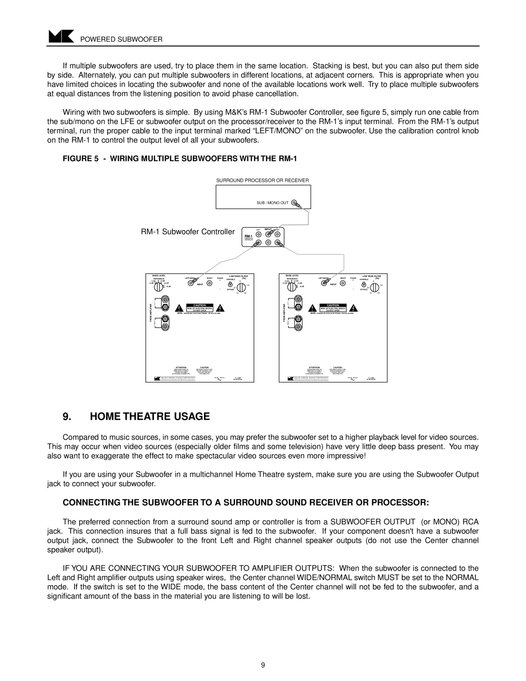 MK Sound V-851, V-850 operation manual Wiring Multiple Subwoofers with the RM-1 