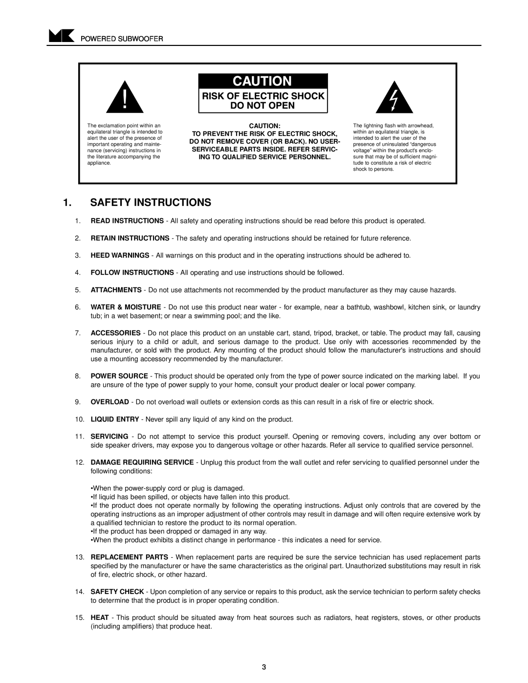 MK Sound V-851, V-850 operation manual Safety Instructions 