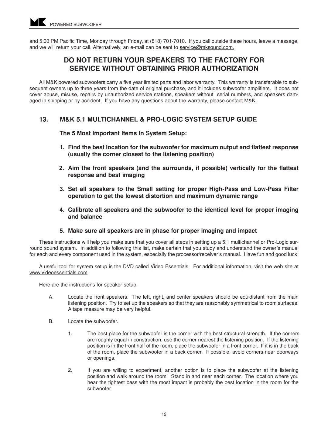 MK Sound VX-1250 operation manual 13. M&K 5.1 Multichannel & PRO-LOGIC System Setup Guide 