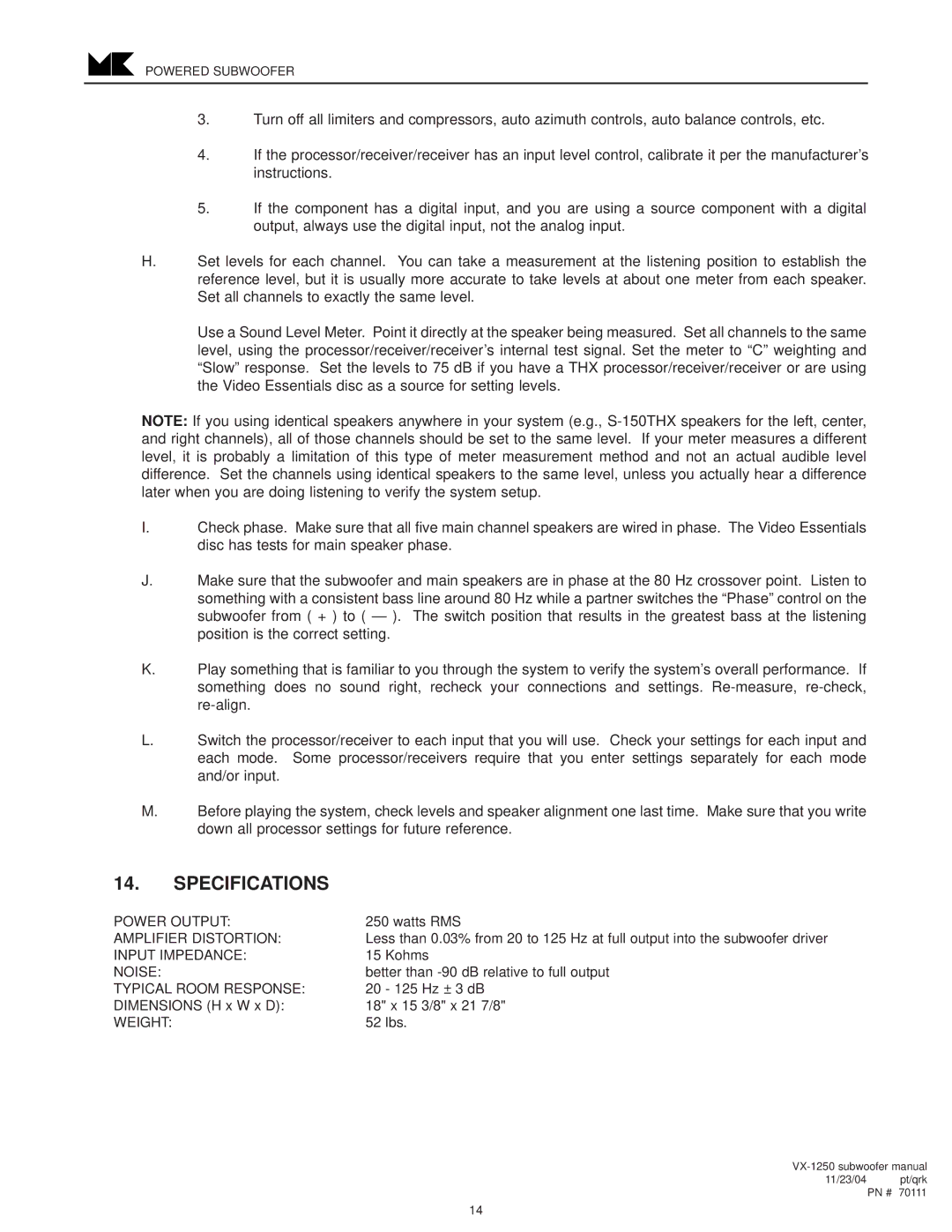 MK Sound VX-1250 operation manual Specifications 