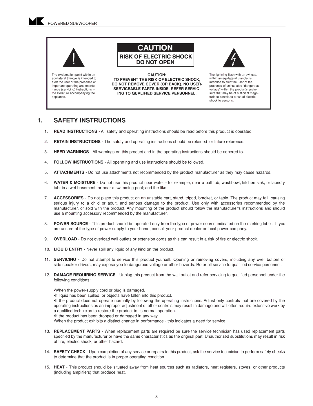 MK Sound VX-1250 operation manual Safety Instructions 