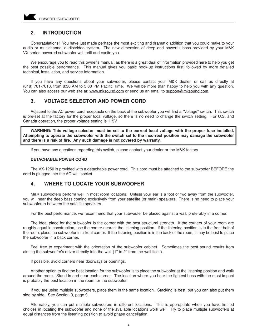 MK Sound VX-1250 Introduction, Voltage Selector and Power Cord, Where to Locate Your Subwoofer, Detachable Power Cord 