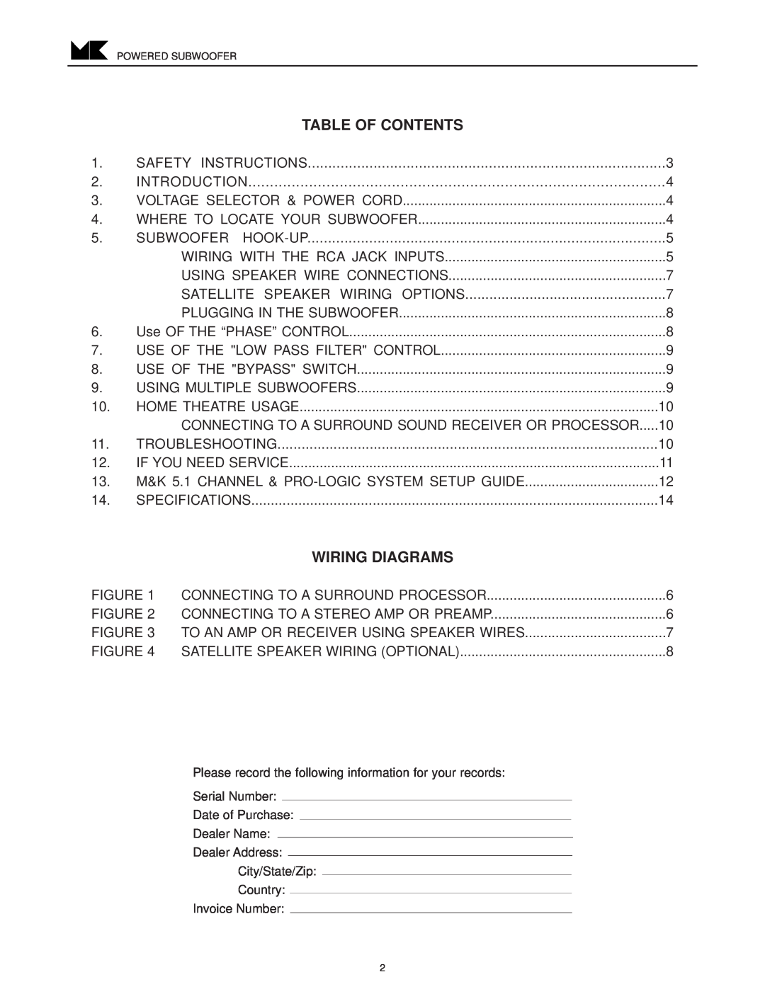 MK Sound VX-1250 operation manual Table Of Contents, Wiring Diagrams 
