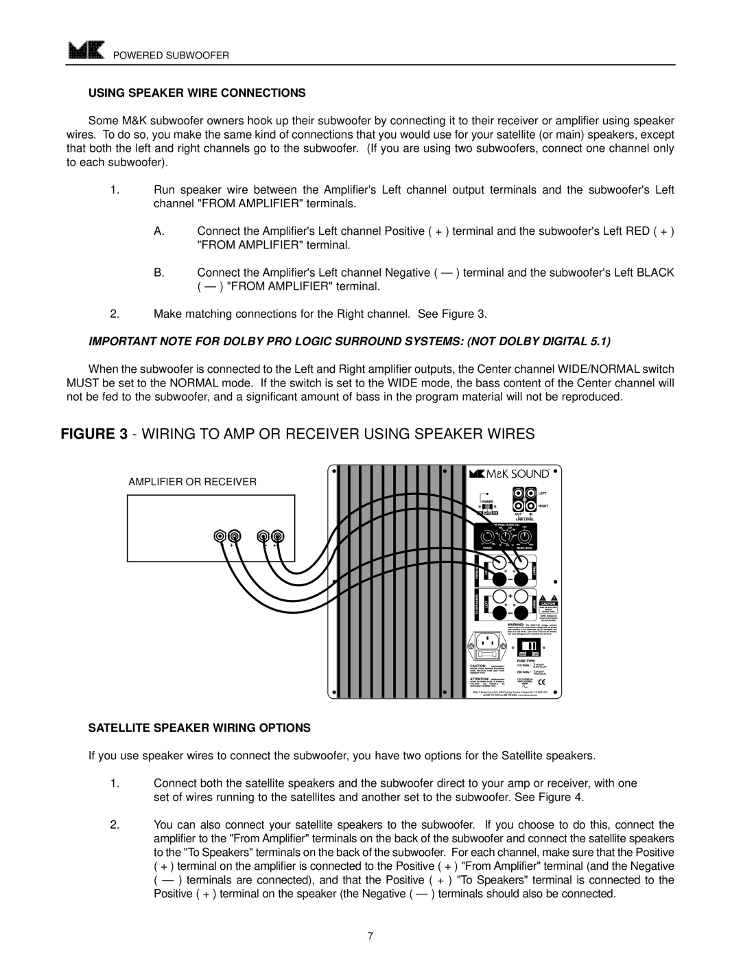 MK Sound VX-1250 operation manual Using Speaker Wire Connections, Satellite Speaker Wiring Options, Powered Subwoofer 