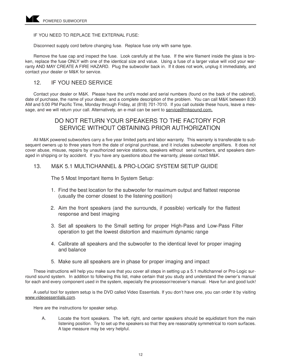 MK Sound VX-850, VX-860 operation manual If YOU Need Service, 13. M&K 5.1 Multichannel & PRO-LOGIC System Setup Guide 