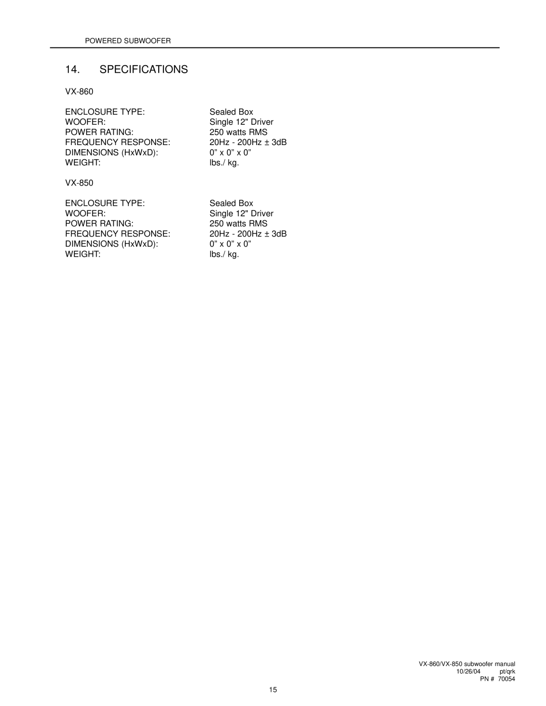 MK Sound VX-860, VX-850 operation manual Specifications 