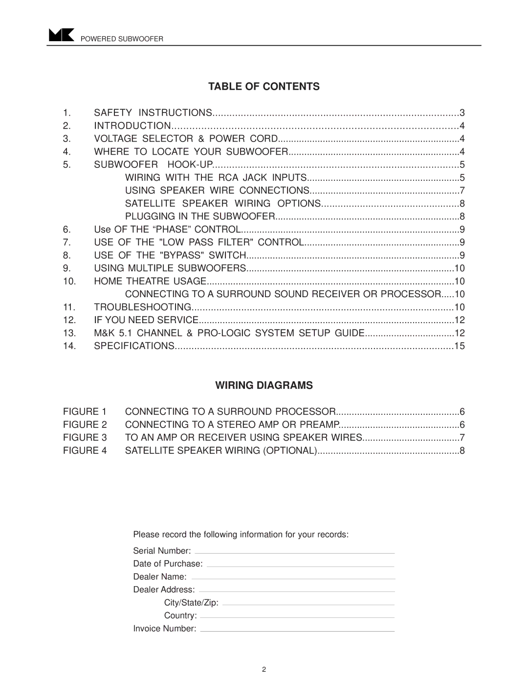 MK Sound VX-850, VX-860 operation manual Table of Contents, Wiring Diagrams 