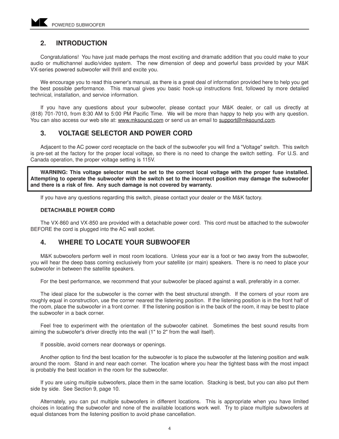 MK Sound VX-850 Introduction, Voltage Selector and Power Cord, Where to Locate Your Subwoofer, Detachable Power Cord 