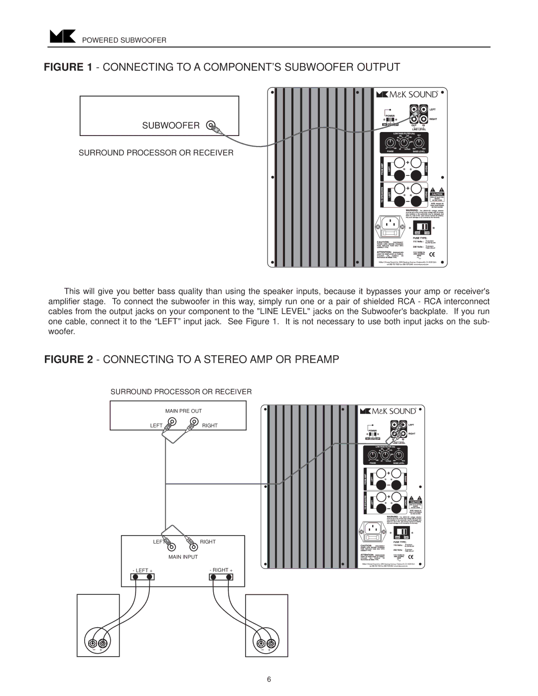 MK Sound VX-850, VX-860 operation manual Connecting to a COMPONENT’S Subwoofer Output 