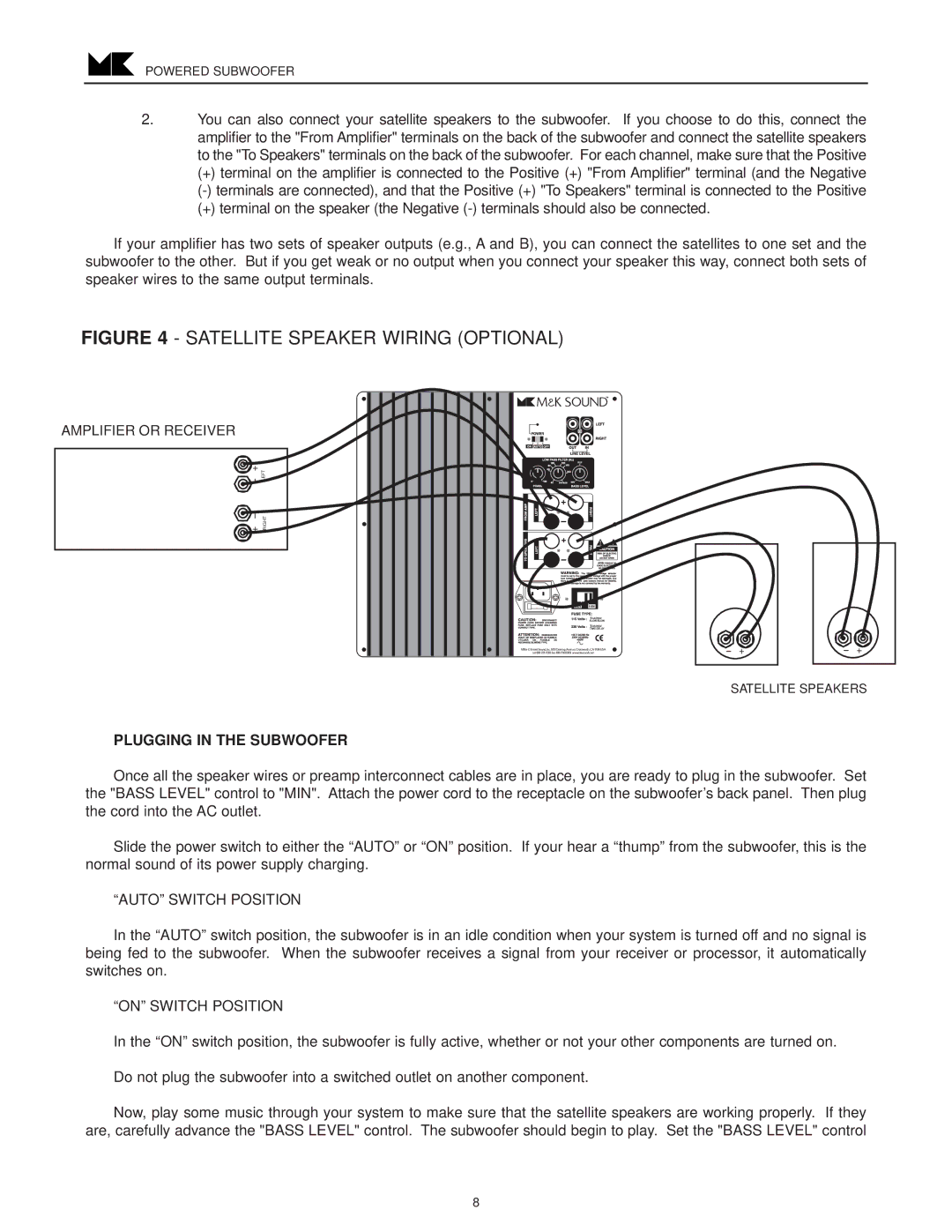 MK Sound VX-850, VX-860 operation manual Plugging in the Subwoofer, Auto Switch Position 