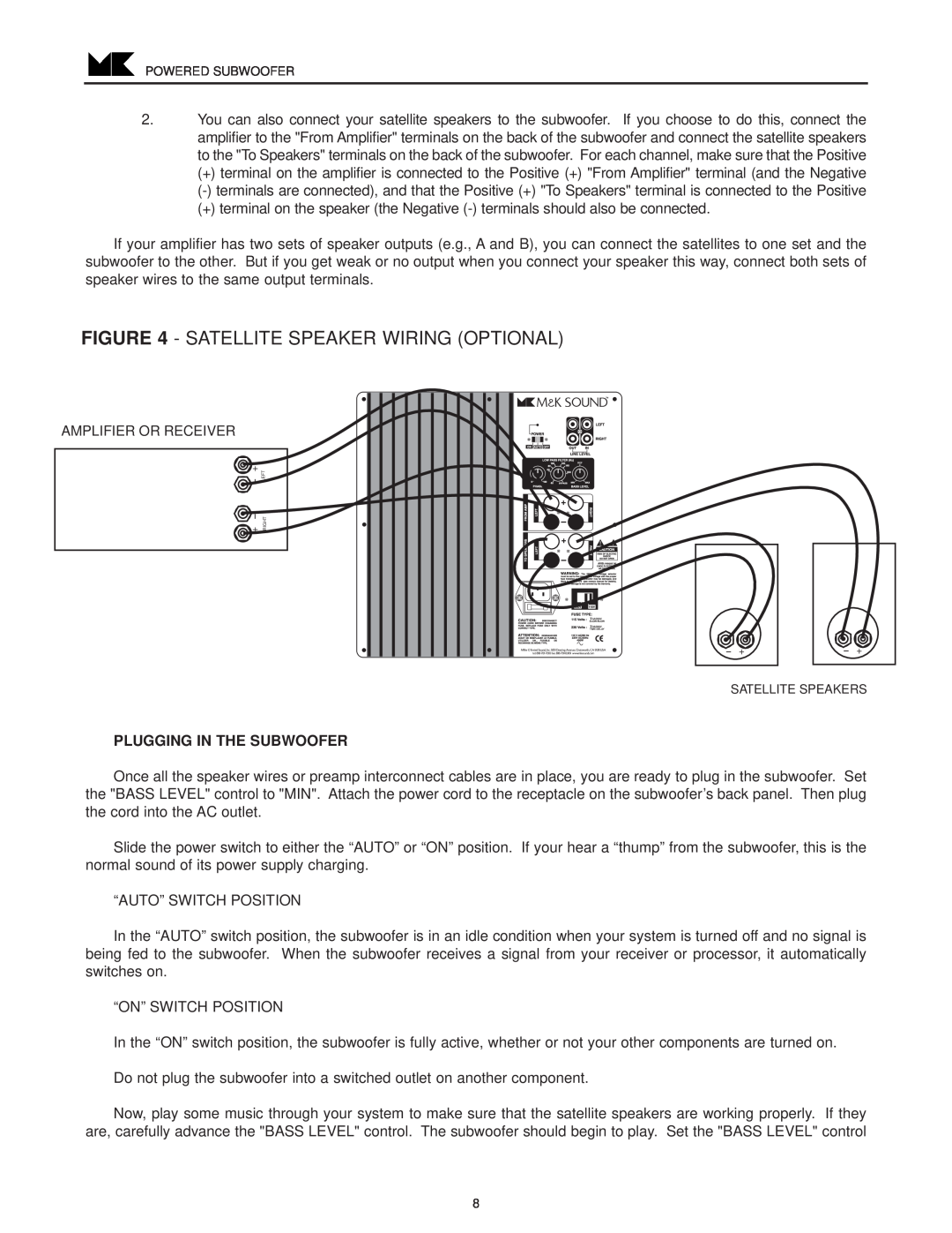 MK Sound VX-850, VX-860 operation manual Satellite Speaker Wiring Optional, Plugging In The Subwoofer 