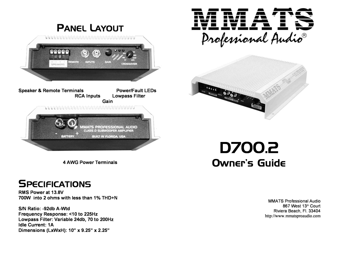 MMATS Professional Audio D700.2 manual Panel Layout, Specifications, Speaker & Remote Terminals, RCA Inputs, Gain 