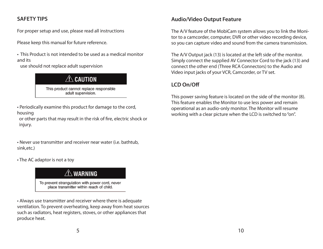 Mobi Technologies 70060 user manual Safety Tips, Audio/Video Output Feature, LCD On/O 