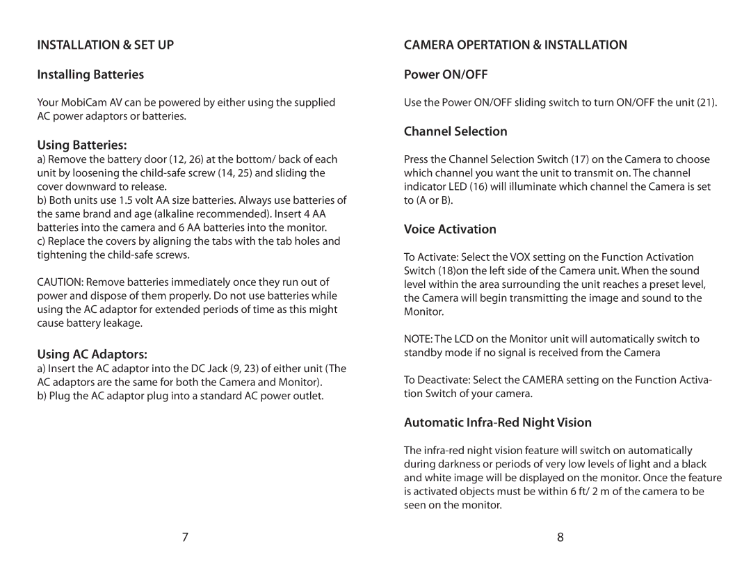 Mobi Technologies 70060 user manual Installation & SET UP, Camera Opertation & Installation 