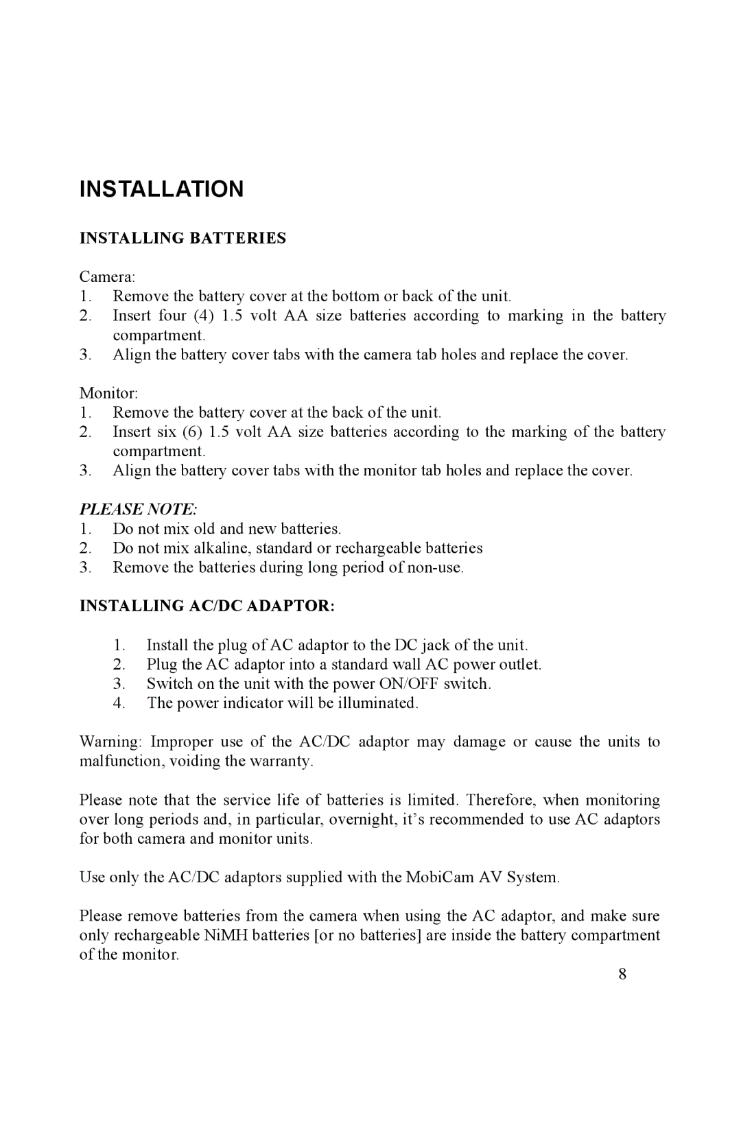 Mobi Technologies 70060 user manual Installation, Installing Batteries, Installing AC/DC Adaptor 