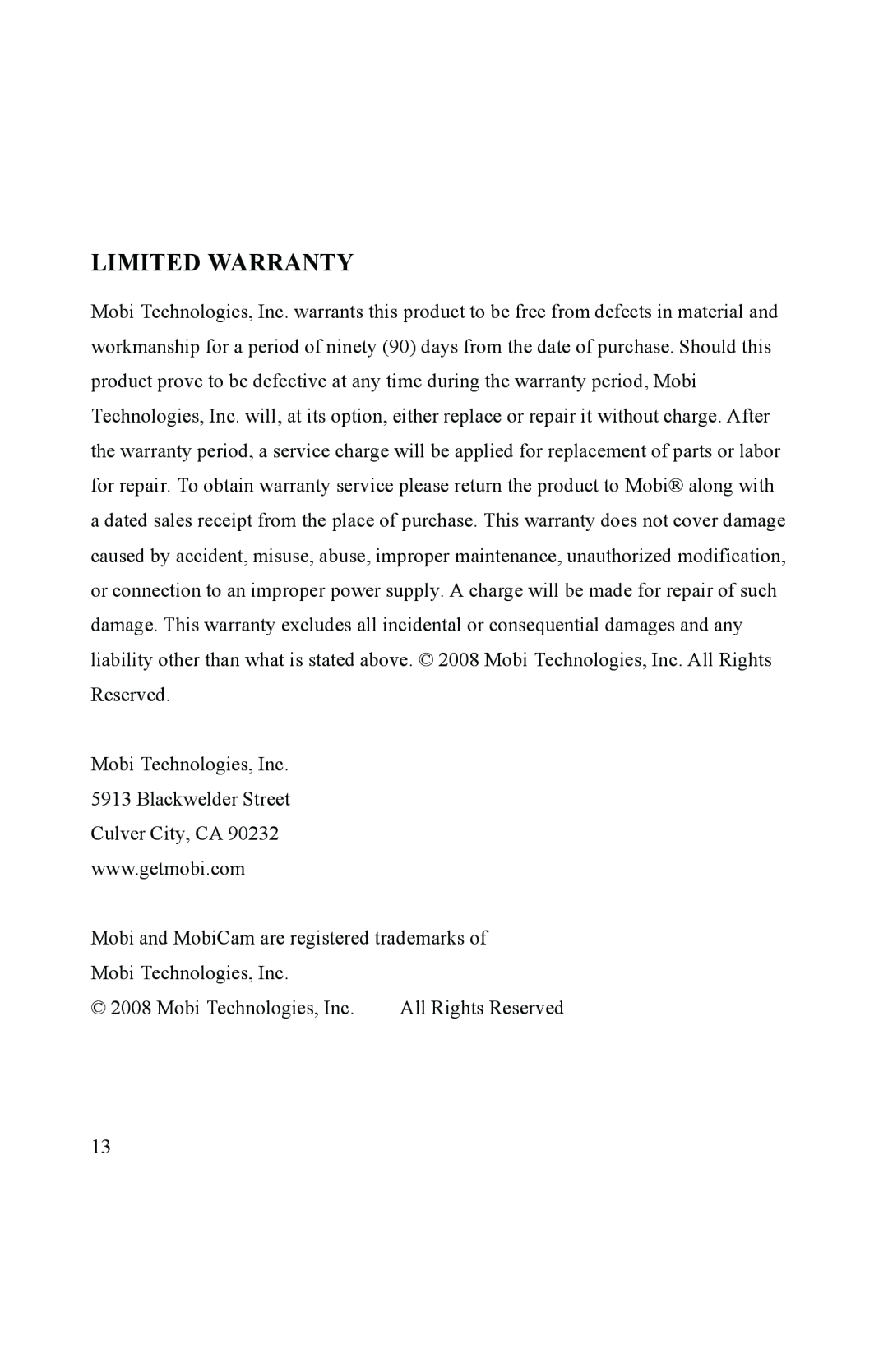 Mobi Technologies 70060 user manual Limited Warranty 