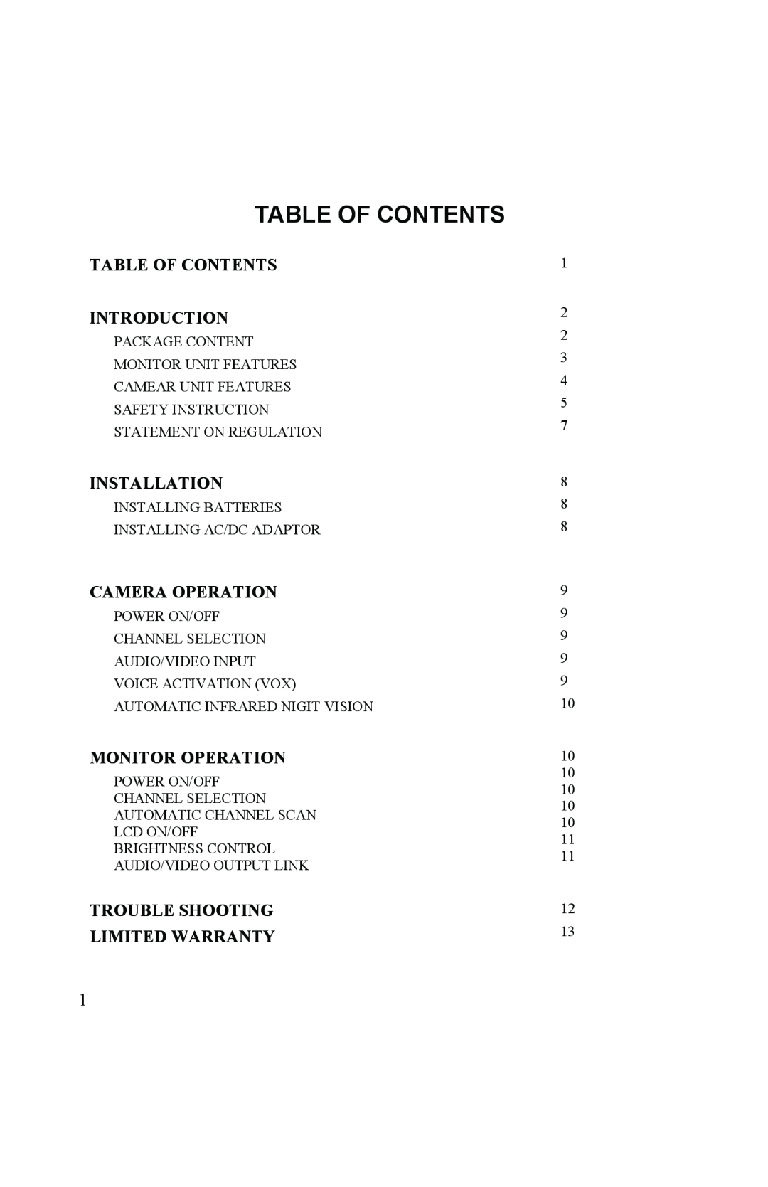 Mobi Technologies 70060 user manual Table Of Contents Introduction, Installation, Camera Operation, Monitor Operation 