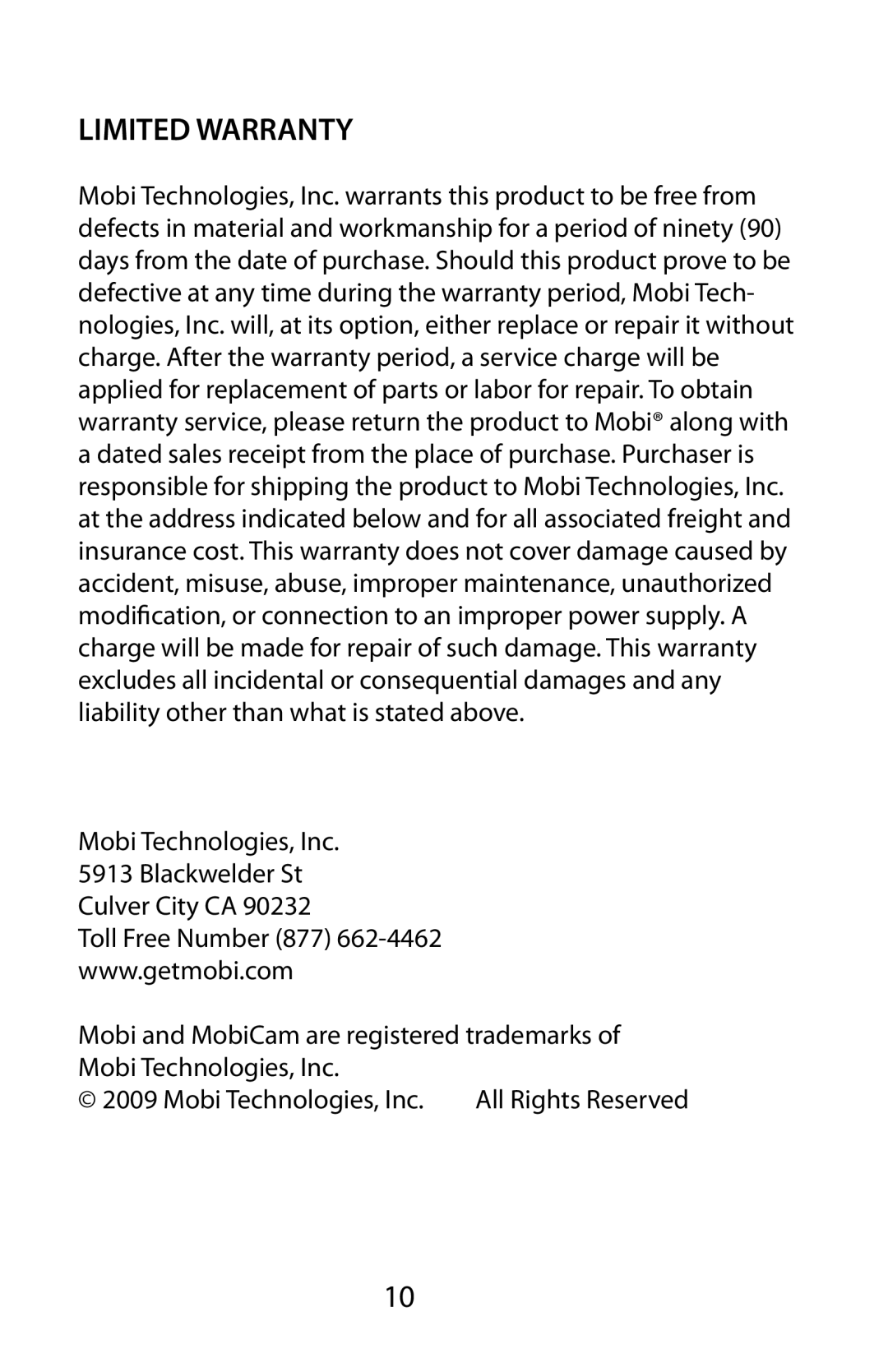 Mobi Technologies 70061 user manual Limited Warranty, Mobi Technologies, Inc 5913 Blackwelder St, Culver City CA 