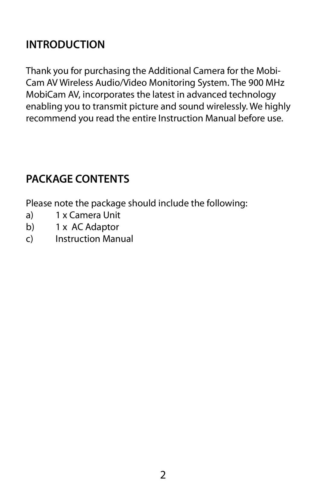 Mobi Technologies 70061 user manual Introduction, Package Contents, a1 x Camera Unit b1 x AC Adaptor 