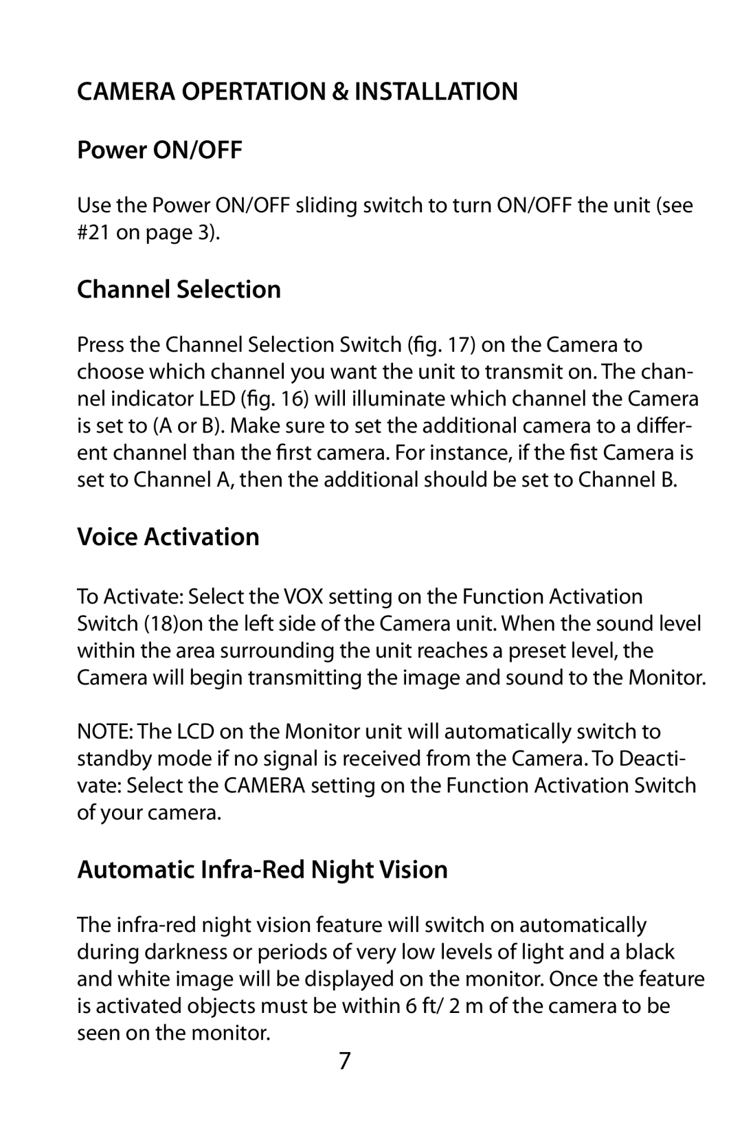 Mobi Technologies 70061 user manual CAMERA OPERTATION & INSTALLATION Power ON/OFF, Channel Selection, Voice Activation 