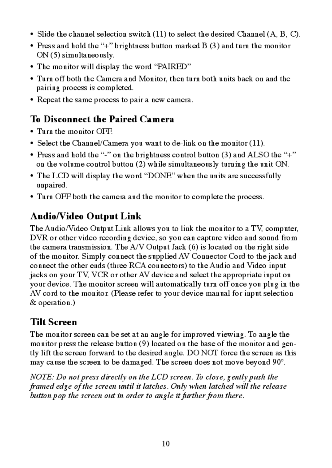 Mobi Technologies 70062 manual To Disconnect the Paired Camera, Audio/Video Output Link, Tilt Screen 