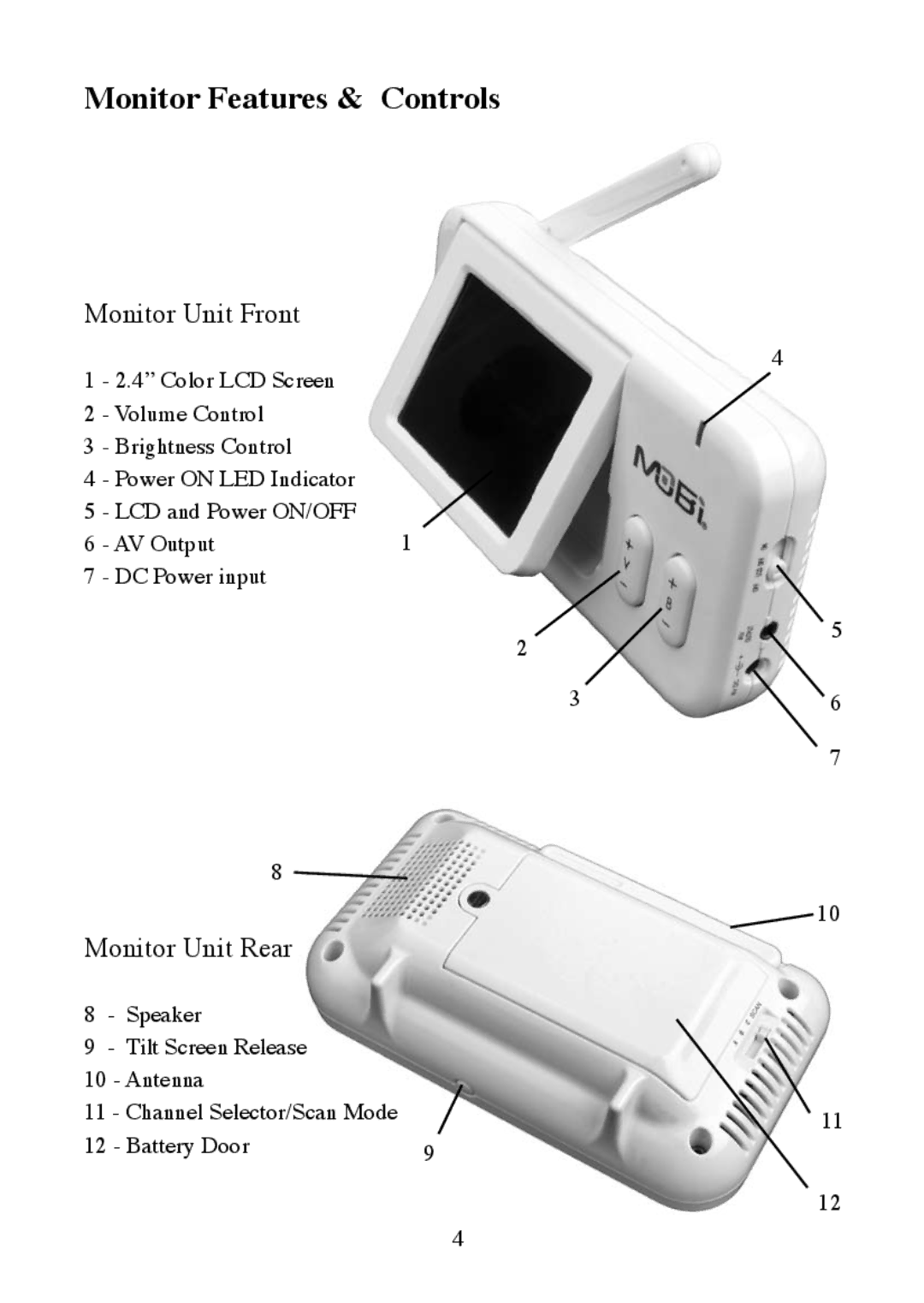 Mobi Technologies 70062 manual Monitor Features & Controls, Monitor Unit Front, Monitor Unit Rear 