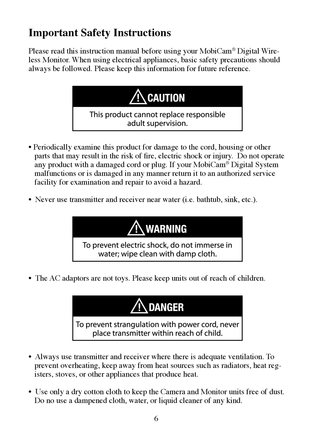 Mobi Technologies 70062 manual Important Safety Instructions 