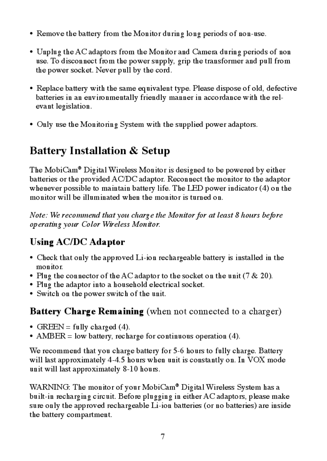 Mobi Technologies 70062 manual Battery Installation & Setup, Using AC/DC Adaptor 