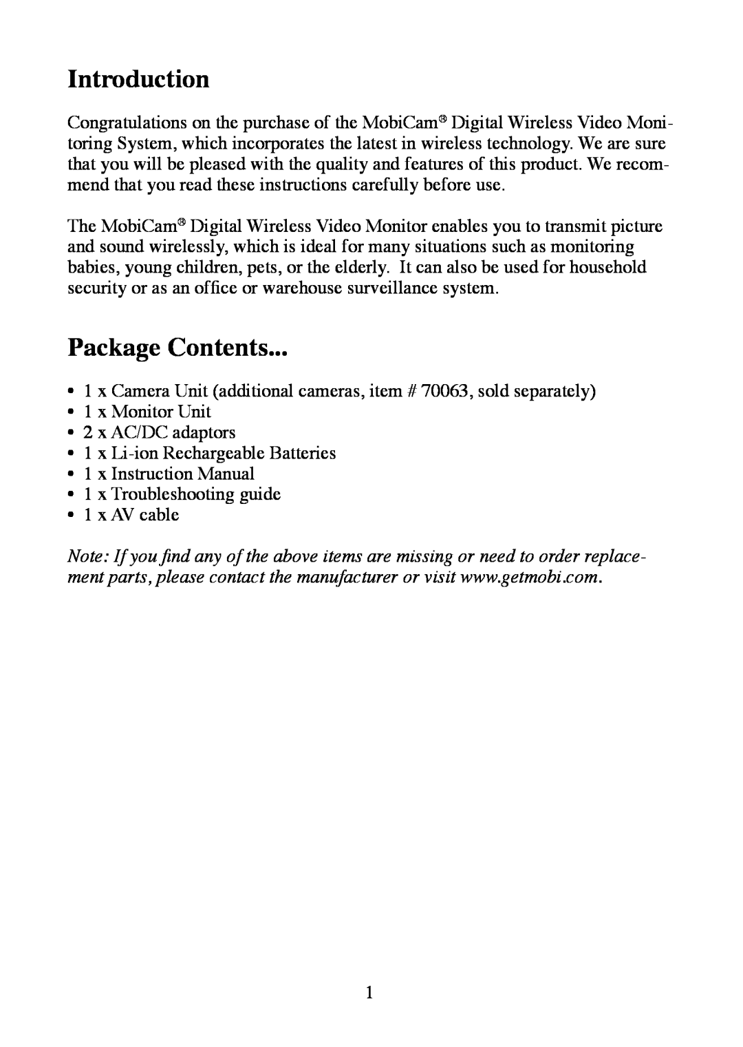 Mobi Technologies 70062 manual Introduction, Package Contents 