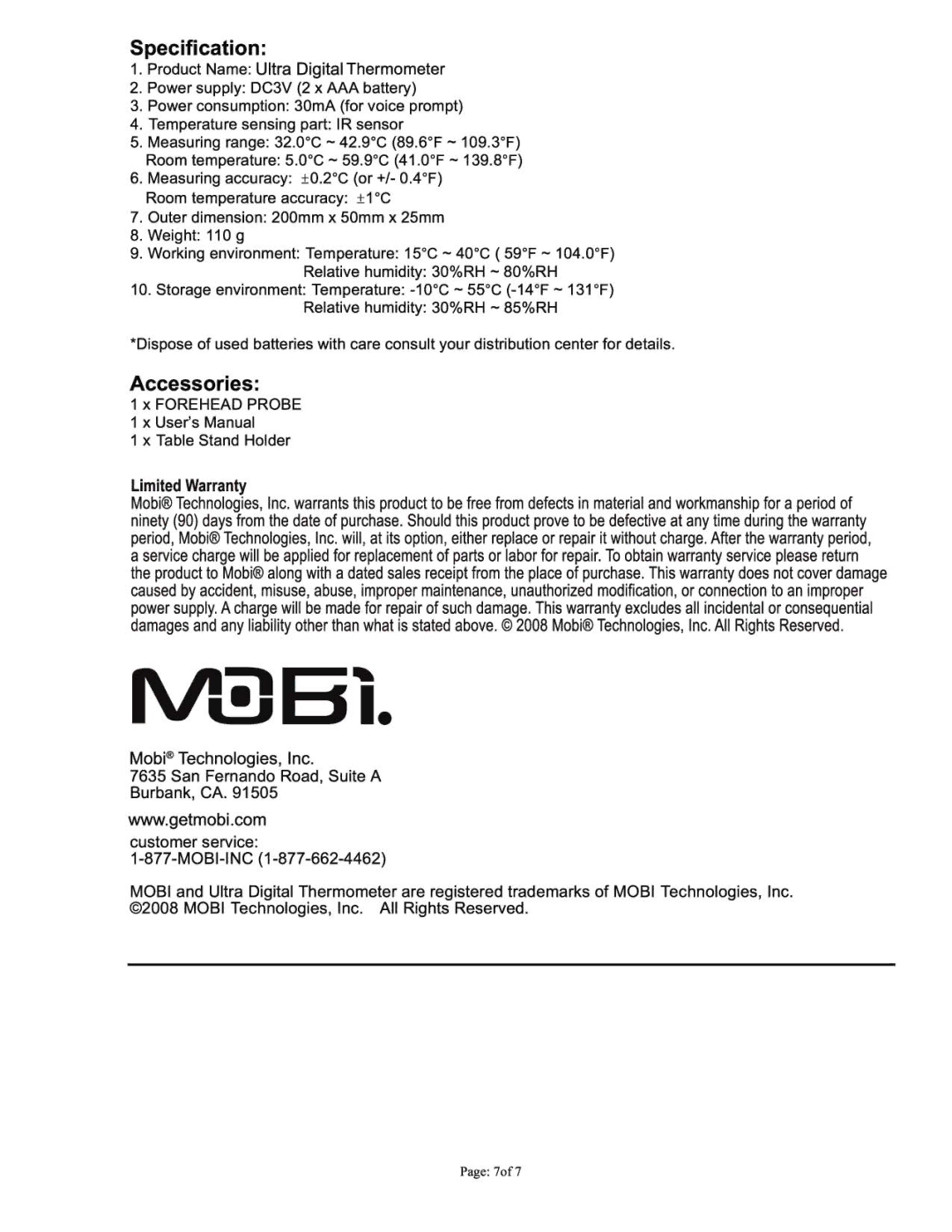 Mobi Technologies 70119 manual 