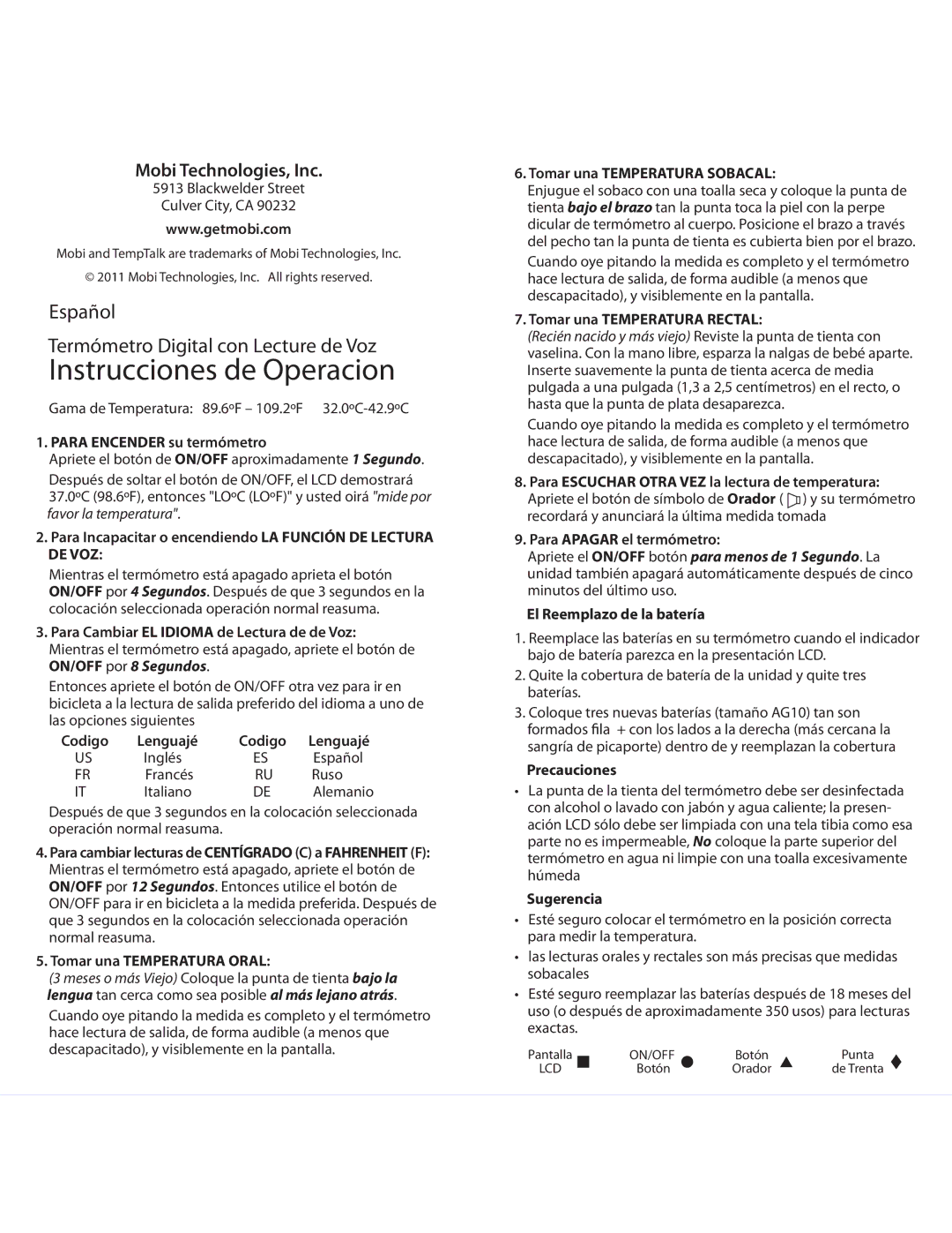 Mobi Technologies 70123 manual *OTUSVDDJPOFTEF0QFSBDJPO, Apriete el ON/OFFCPUØOpara menos de 1 Segundo. La 