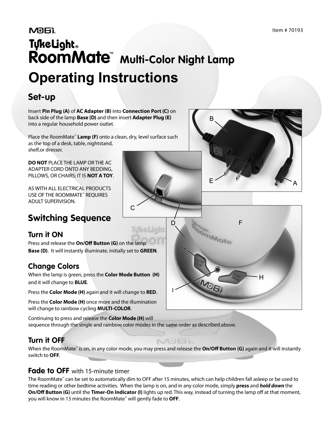 Mobi Technologies 70193 manual Set-up, Switching Sequence, Multi-ColorNight Lamp, Turn it ON, Change Colors, Turn it OFF 