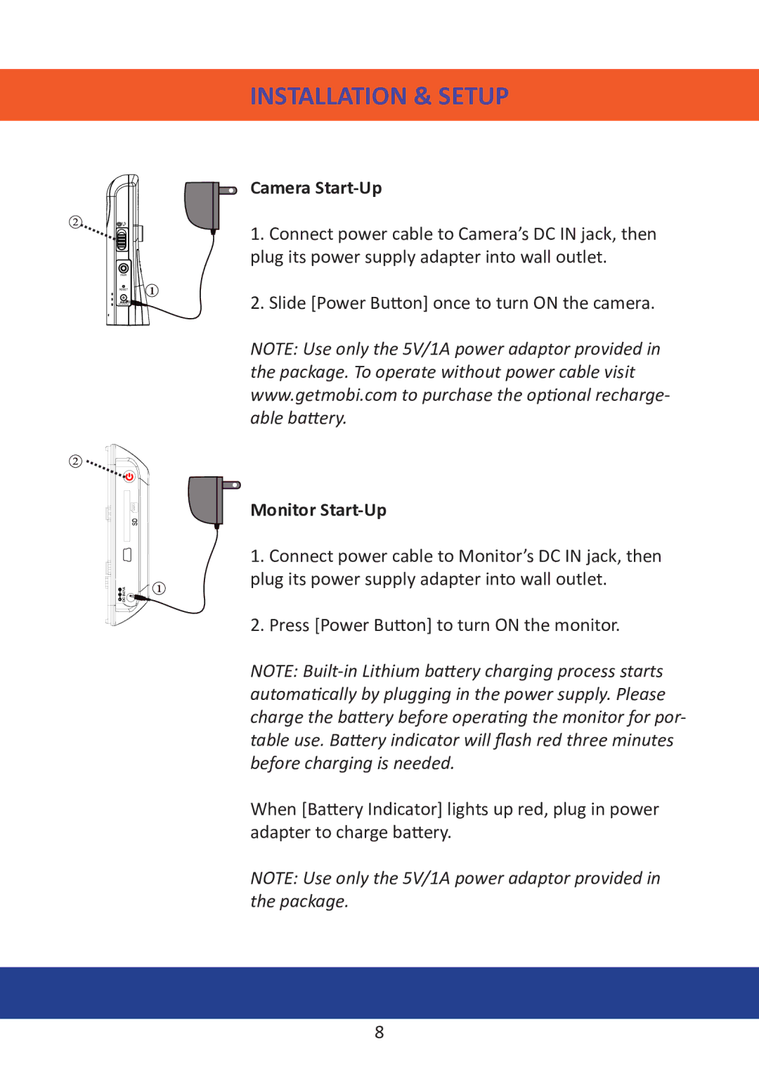 Mobi Technologies 70204, DXR manual Installation & Setup, Camera Start-Up, Monitor Start-Up 