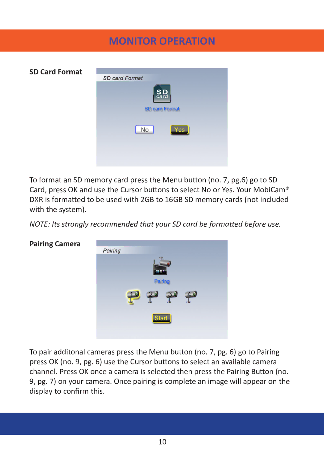 Mobi Technologies 70204, DXR manual SD Card Format, Pairing Camera 