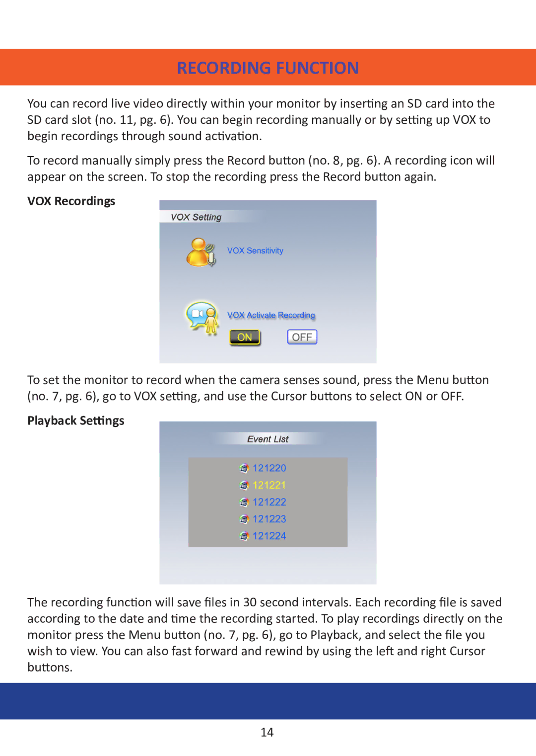 Mobi Technologies 70204, DXR manual Recording Function, VOX Recordings, Playback Settings 