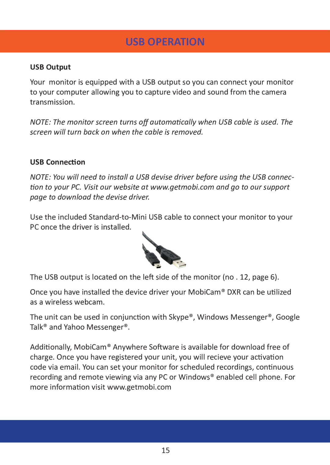 Mobi Technologies DXR, 70204 manual USB Operation, USB Output, USB Connection 