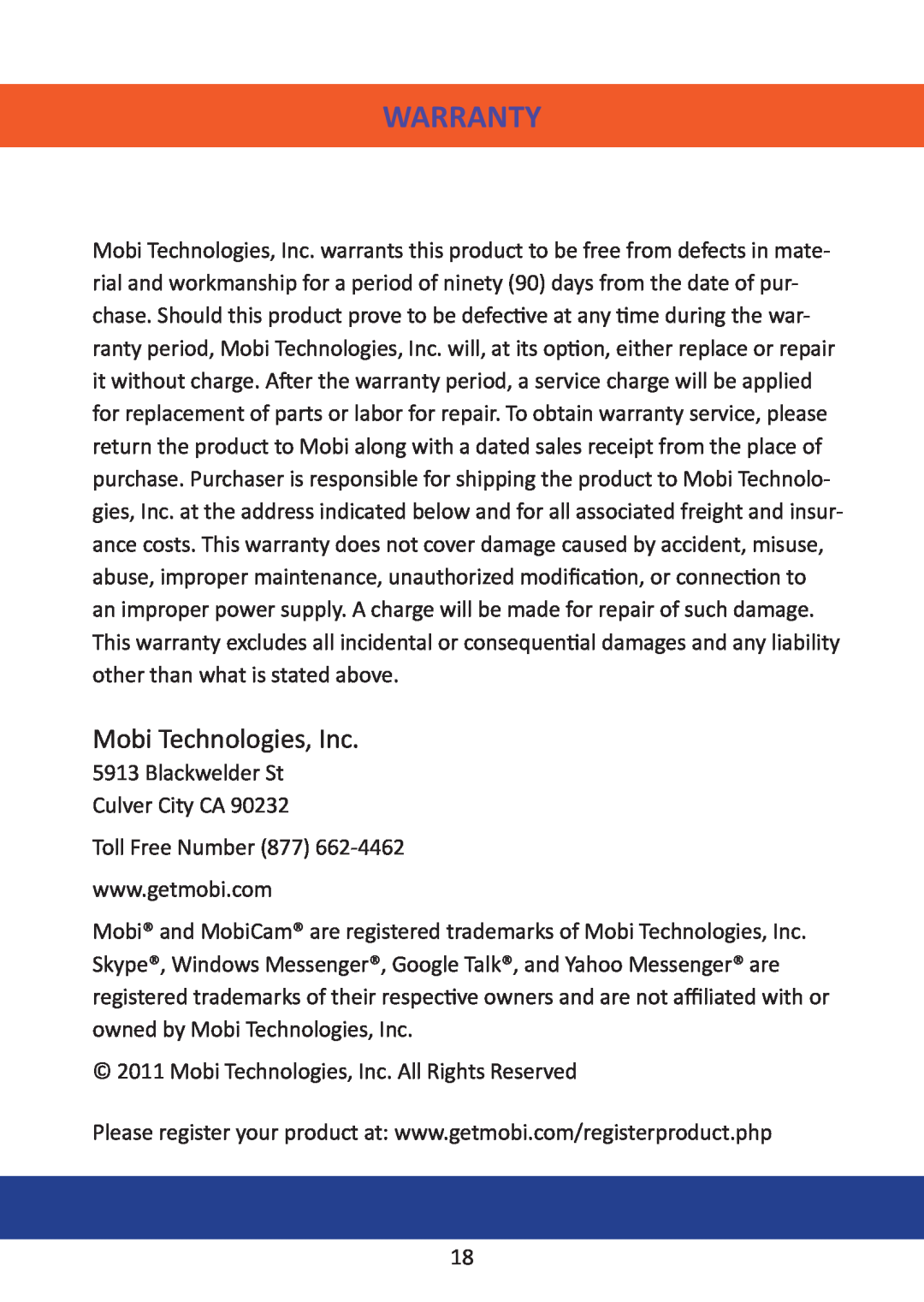Mobi Technologies 70204, DXR manual Warranty, Mobi Technologies, Inc 