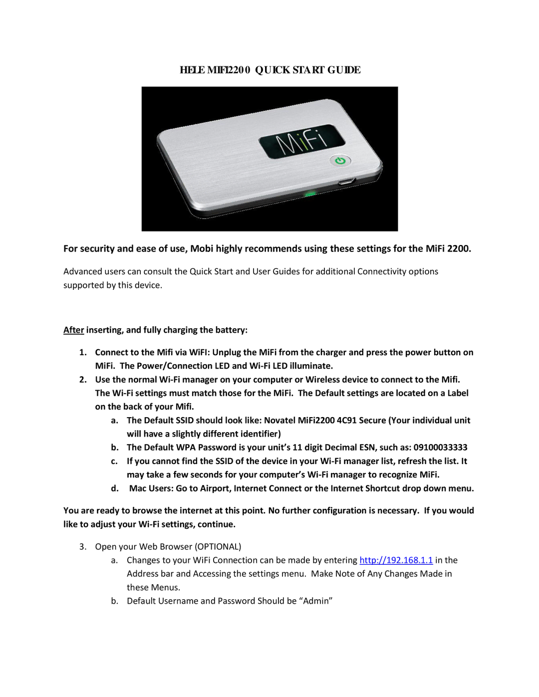 Mobi Technologies MIFI2200 quick start Hele MIFI220 0 Quick Start Guide 